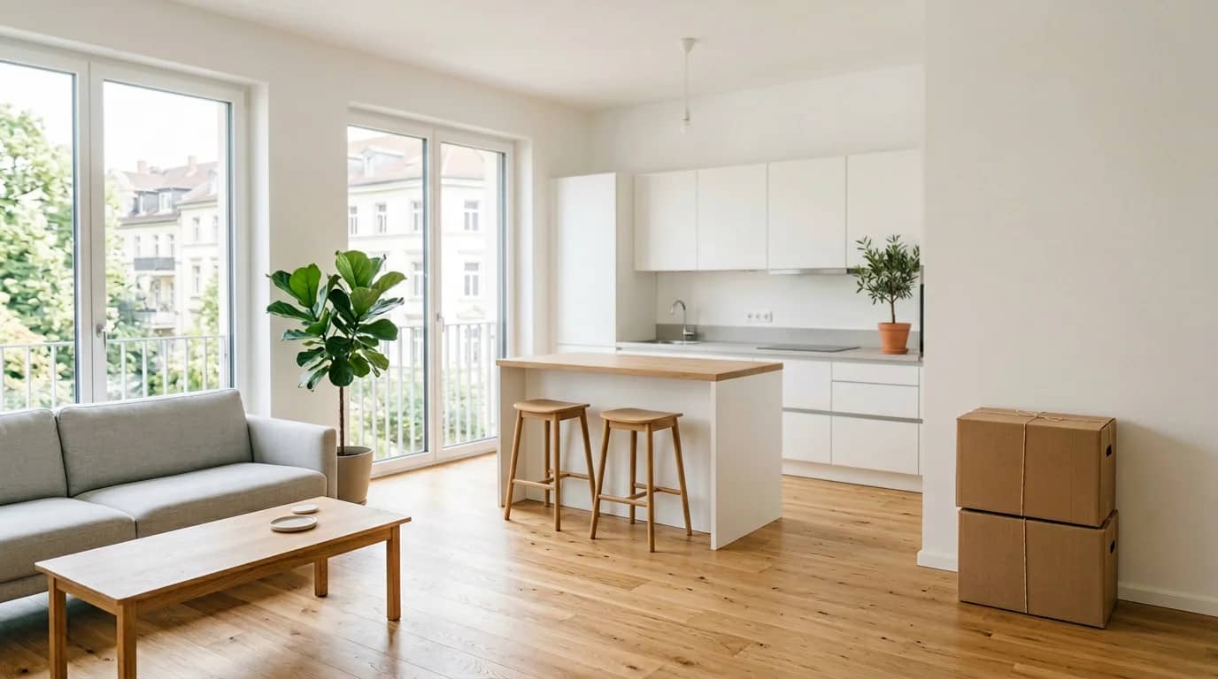 Bright, empty modern apartment after professional move-in cleaning, sunlight and tidy open-plan kitchen-living space